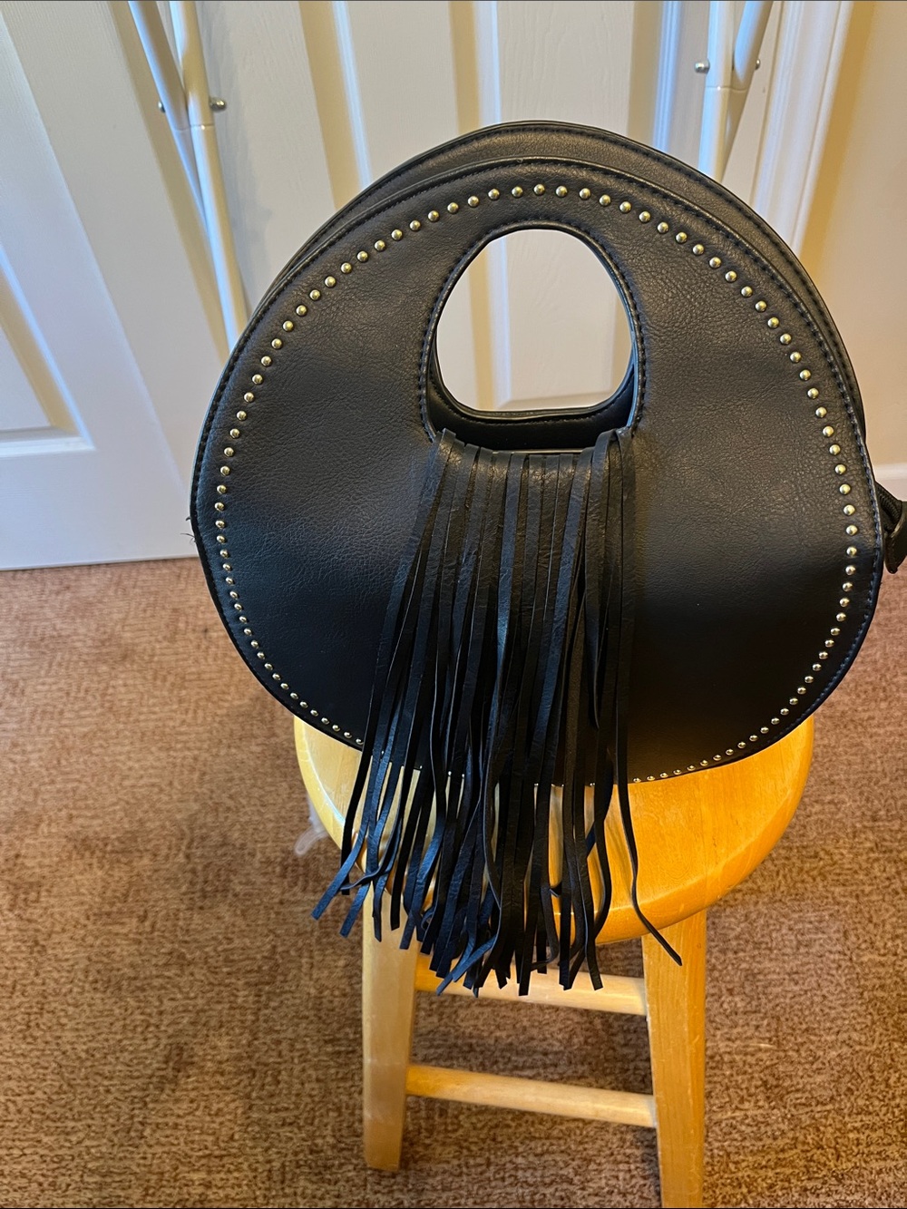 Fringed Black Circle Shoulder Bag with Stud Accent